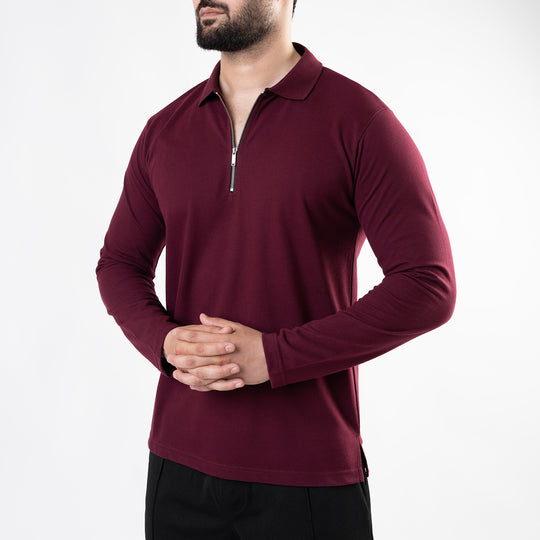 Maroon Full Sleeves Polo with Metal Zipper