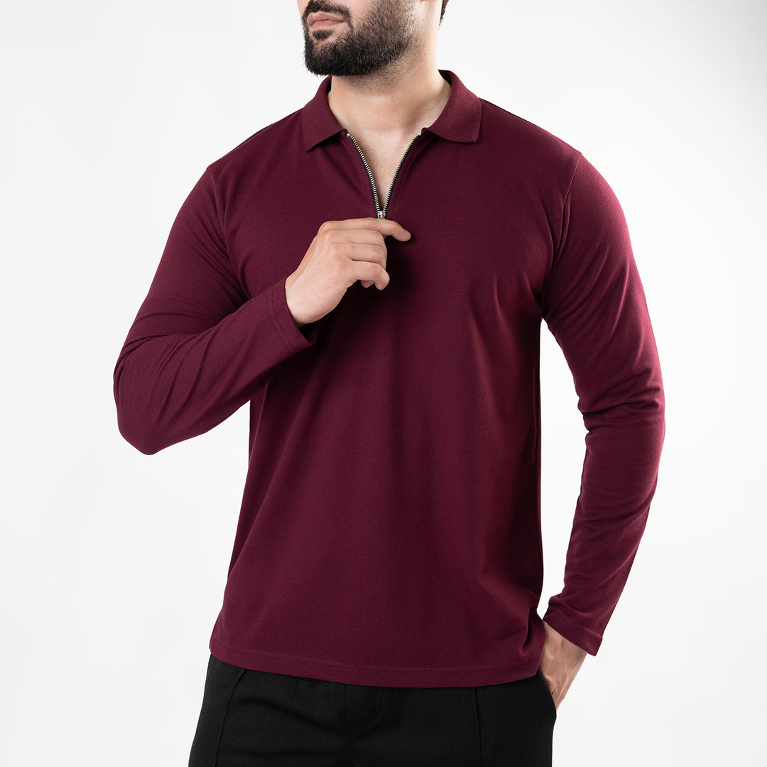 Maroon Full Sleeves Polo with Metal Zipper