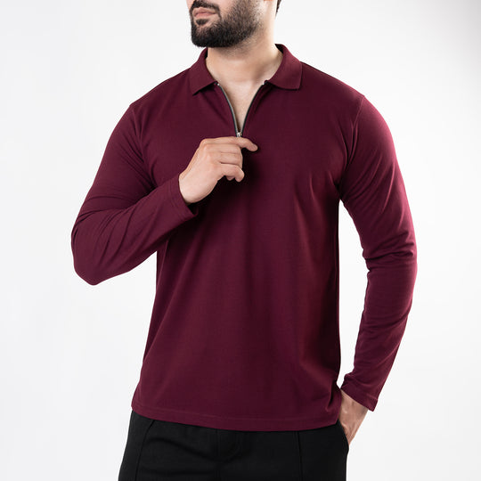 Maroon Full Sleeves Polo with Metal Zipper