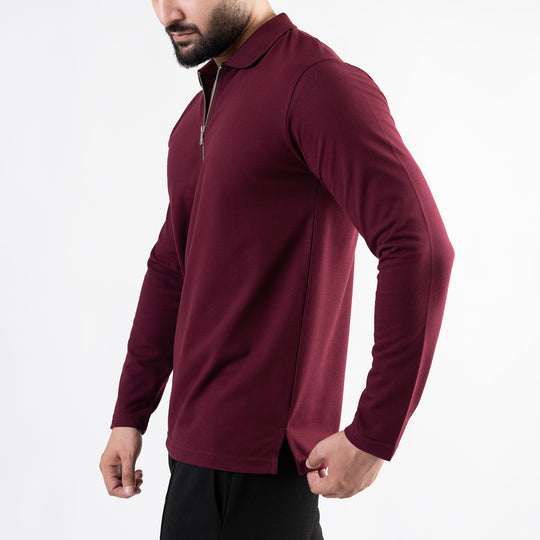 Maroon Full Sleeves Polo with Metal Zipper