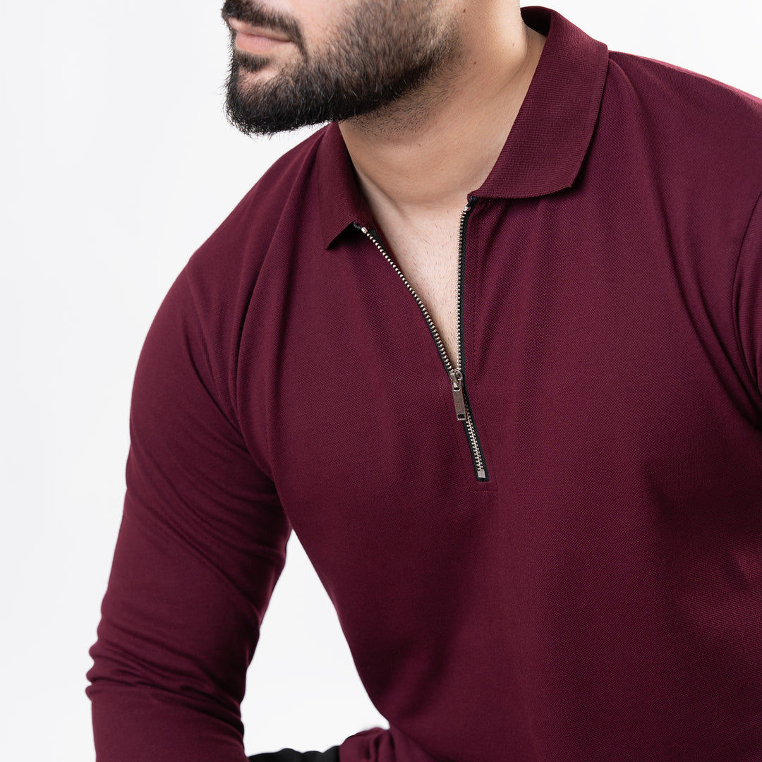 Maroon Full Sleeves Polo with Metal Zipper