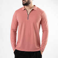 Salmon Full Sleeves Polo with Metal Zipper