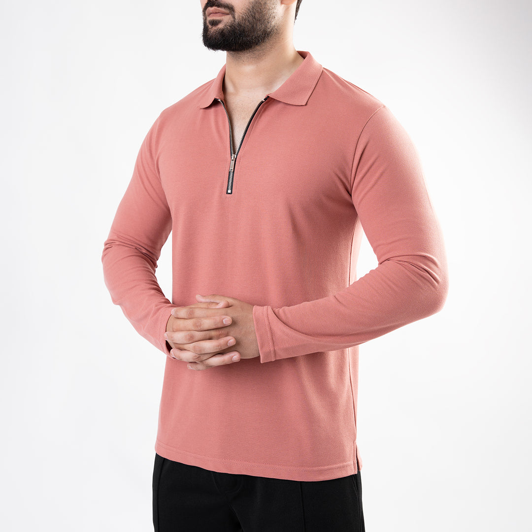 Salmon Full Sleeves Polo with Metal Zipper