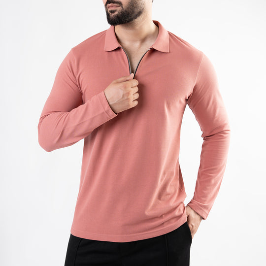 Salmon Full Sleeves Polo with Metal Zipper