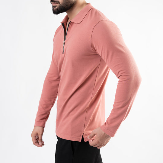 Salmon Full Sleeves Polo with Metal Zipper