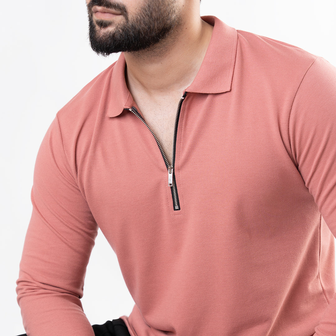 Salmon Full Sleeves Polo with Metal Zipper