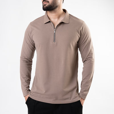 Khaki Full Sleeves Polo with Metal Zipper
