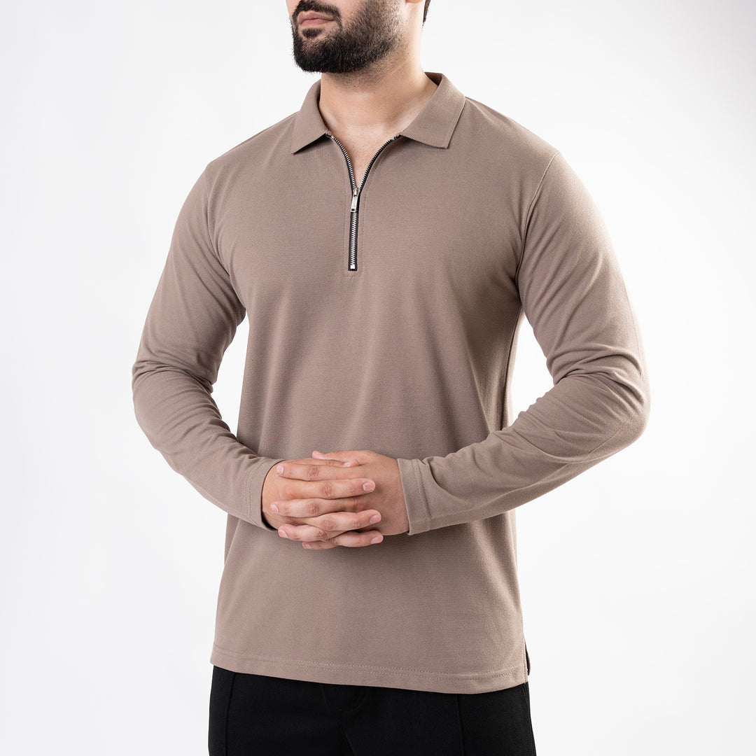 Khaki Full Sleeves Polo with Metal Zipper