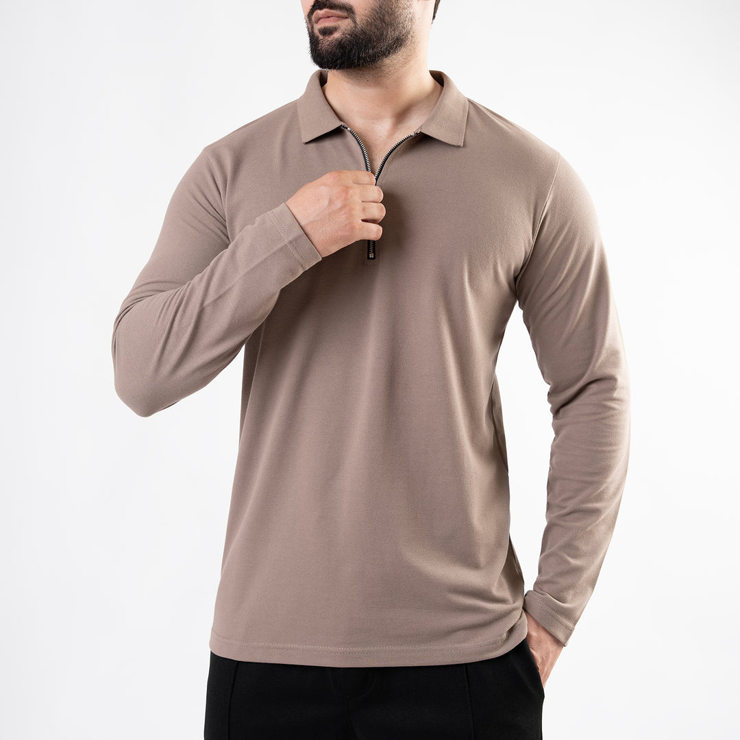 Khaki Full Sleeves Polo with Metal Zipper