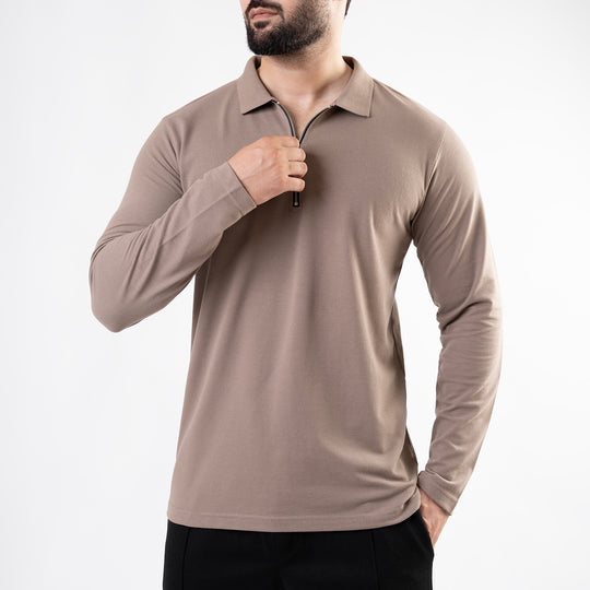 Khaki Full Sleeves Polo with Metal Zipper