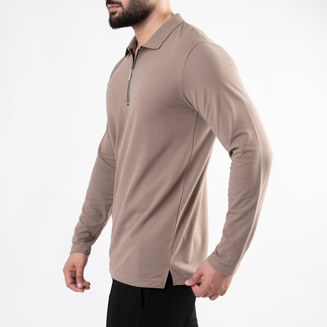 Khaki Full Sleeves Polo with Metal Zipper