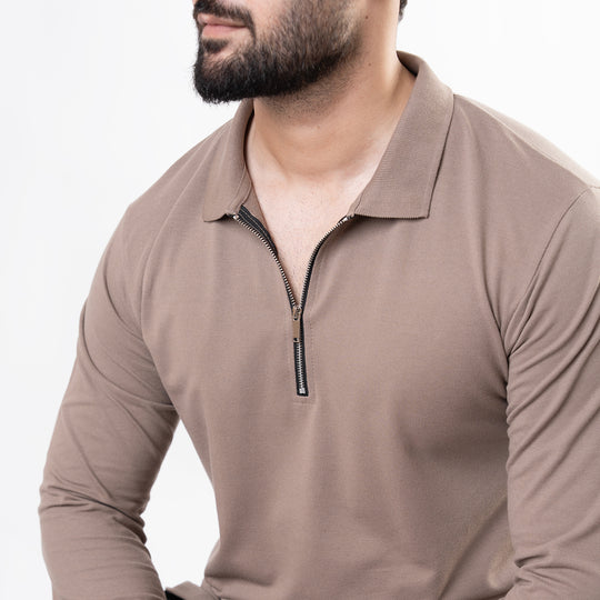 Khaki Full Sleeves Polo with Metal Zipper
