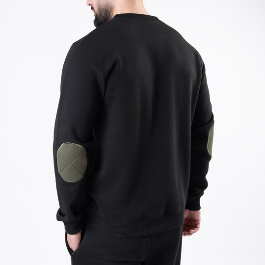 Black Fleece Sweatshirt with Olive Elbow Patches