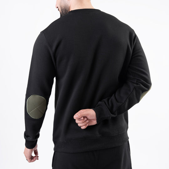 Black Fleece Sweatshirt with Olive Elbow Patches