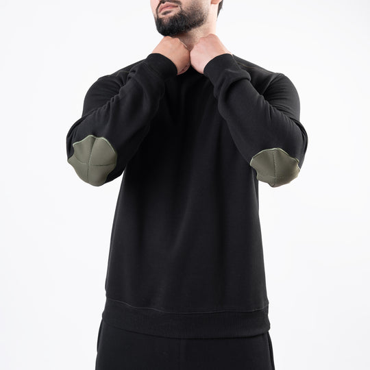 Black Fleece Sweatshirt with Olive Elbow Patches