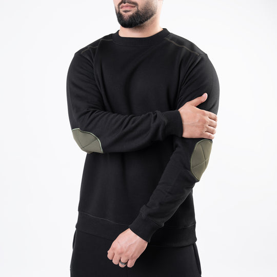 Black Fleece Sweatshirt with Olive Elbow Patches