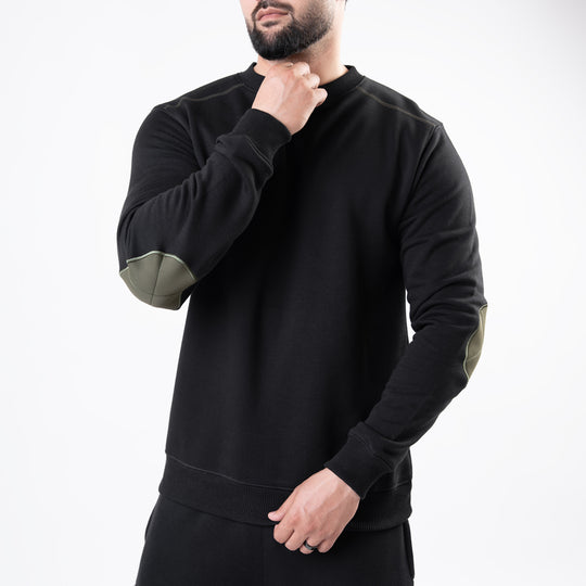 Black Fleece Sweatshirt with Olive Elbow Patches