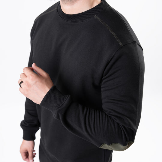Black Fleece Sweatshirt with Olive Elbow Patches