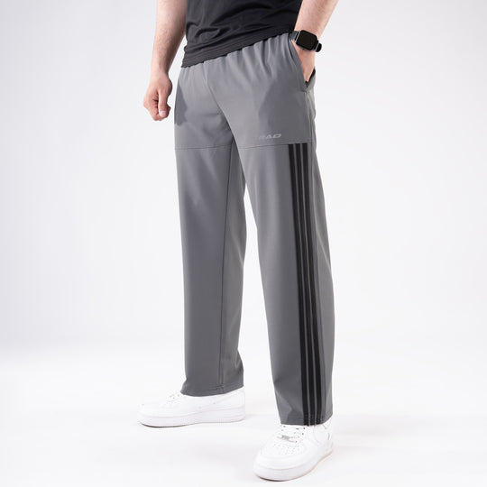 Gray Trousers with Front Panel Three Black Stripes