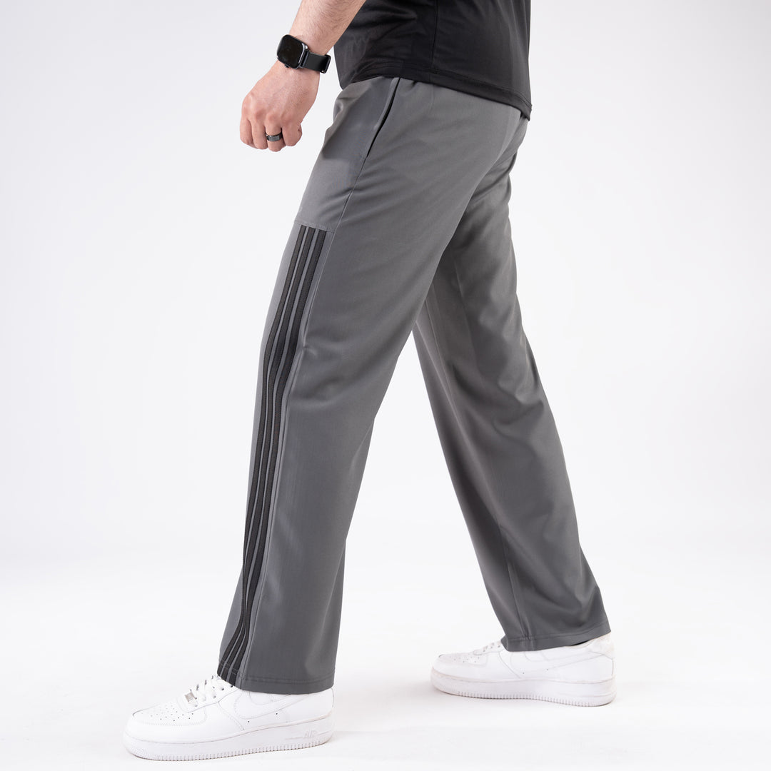 Gray Trousers with Front Panel Three Black Stripes