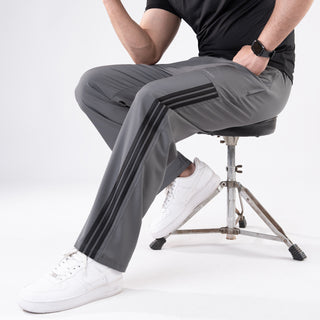 Gray Trousers with Front Panel Three Black Stripes