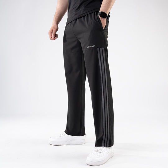 Black Micro Trousers with Front Panel Three Gray Stripes