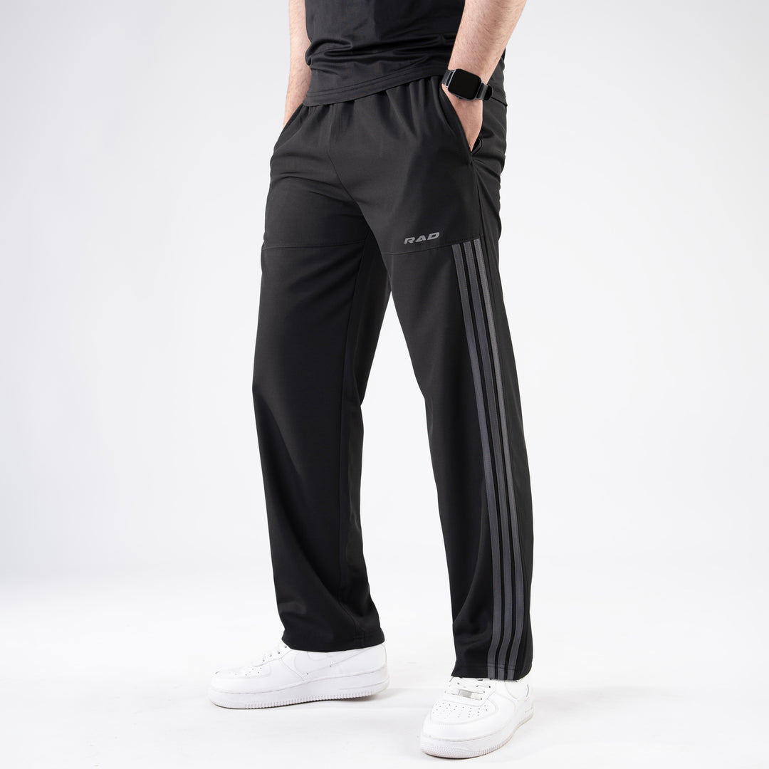 Black Micro Trousers with Front Panel Three Gray Stripes