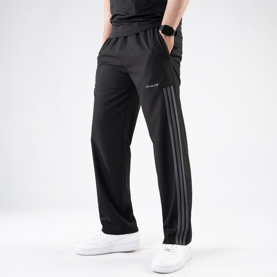 Black Micro Trousers with Front Panel Three Gray Stripes