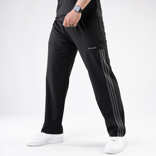 Black Micro Trousers with Front Panel Three Gray Stripes