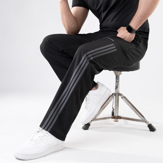 Black Micro Trousers with Front Panel Three Gray Stripes