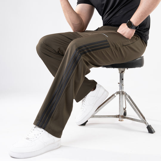 Olive Trousers with Front Panel Three Black Stripes
