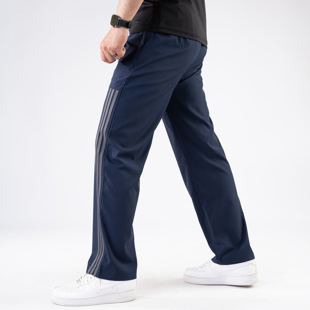 Navy Trousers with Front Panel Three Gray Stripes