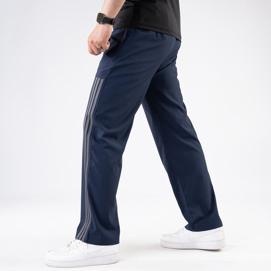 Navy Trousers with Front Panel Three Gray Stripes