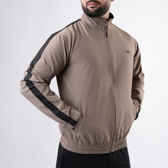 Khaki Woven Lycra Mock-Neck Jacket with Black Panels