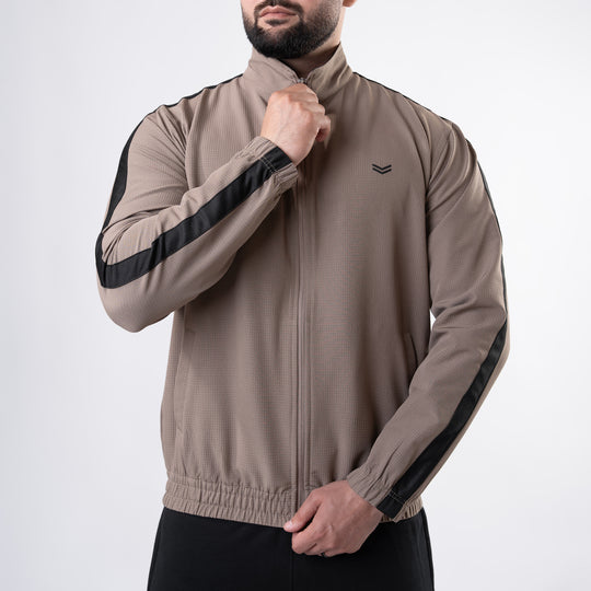 Khaki Woven Lycra Mock-Neck Jacket with Black Panels