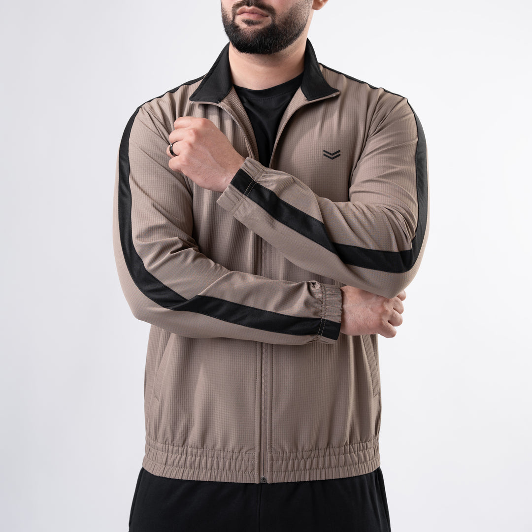 Khaki Woven Lycra Mock-Neck Jacket with Black Panels