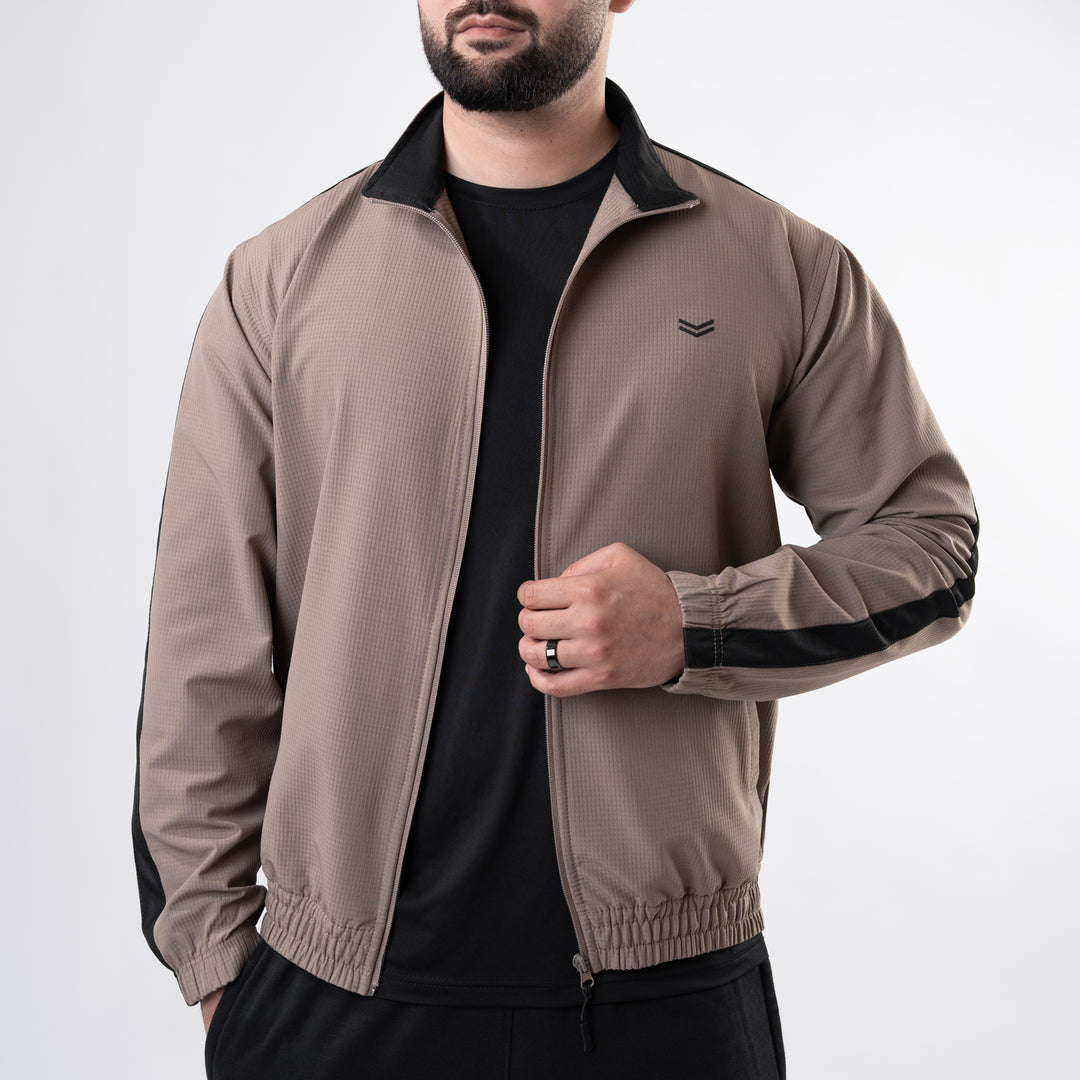 Khaki Woven Lycra Mock-Neck Jacket with Black Panels