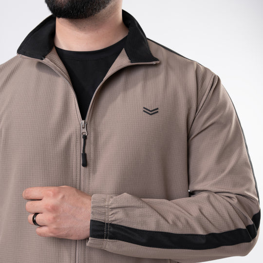 Khaki Woven Lycra Mock-Neck Jacket with Black Panels