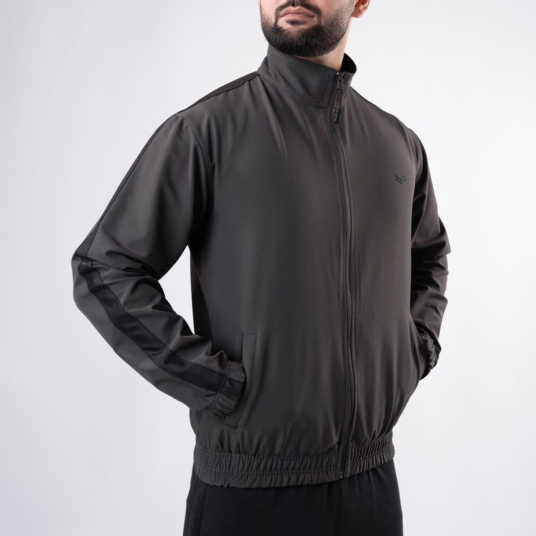 Dark Gray Woven Lycra Mock-Neck Jacket with Black Panels