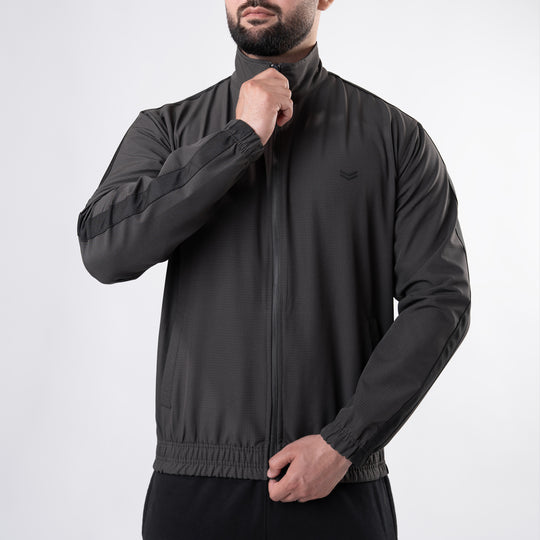 Dark Gray Woven Lycra Mock-Neck Jacket with Black Panels