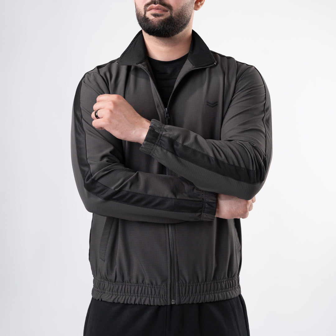 Dark Gray Woven Lycra Mock-Neck Jacket with Black Panels