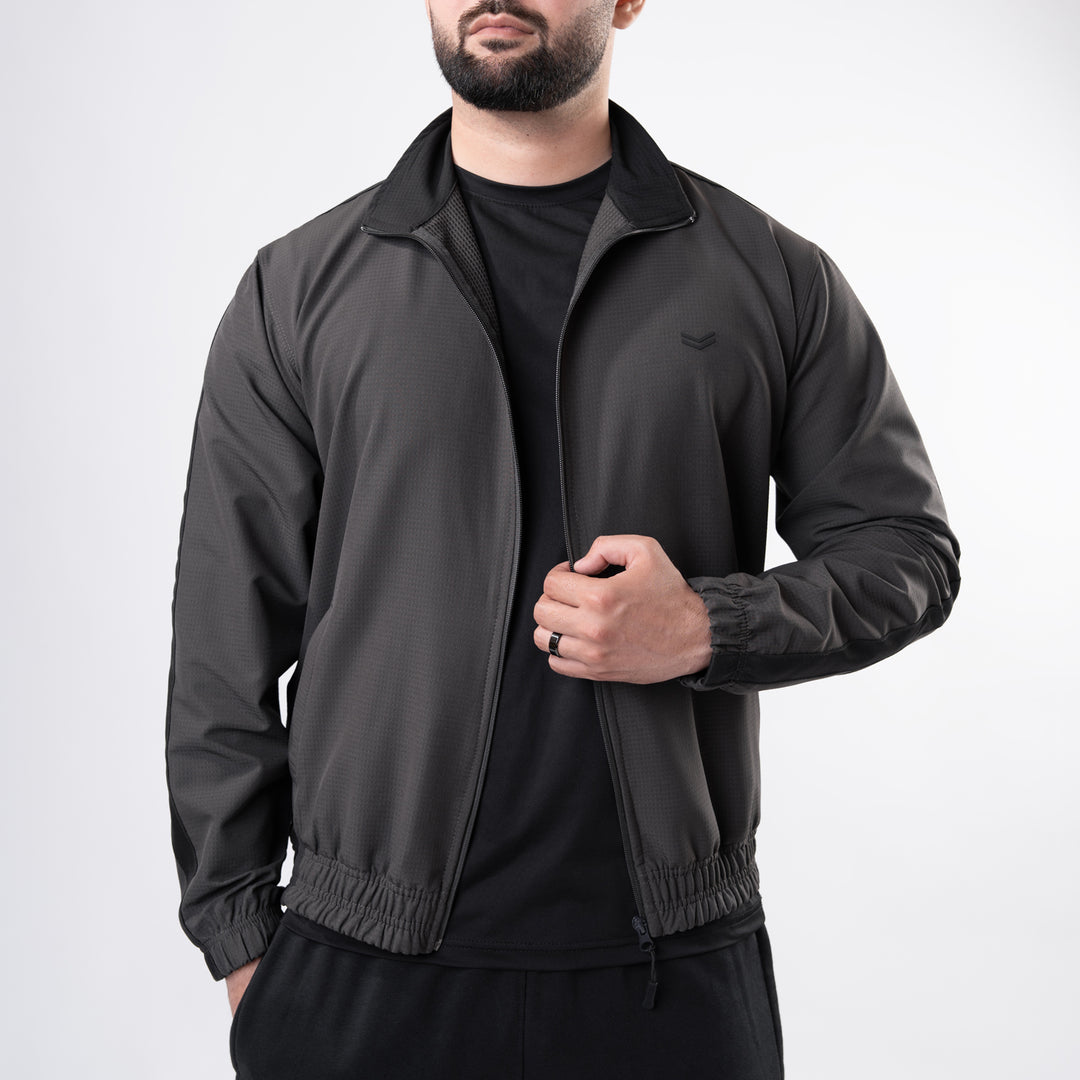 Dark Gray Woven Lycra Mock-Neck Jacket with Black Panels