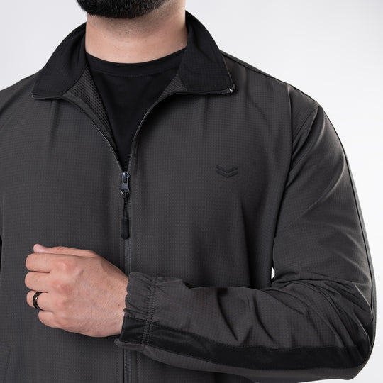 Dark Gray Woven Lycra Mock-Neck Jacket with Black Panels