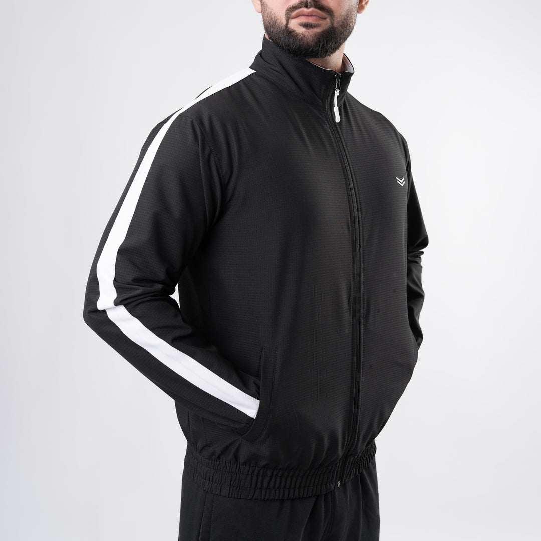 Black Woven Lycra Mock-Neck Jacket with White Panels