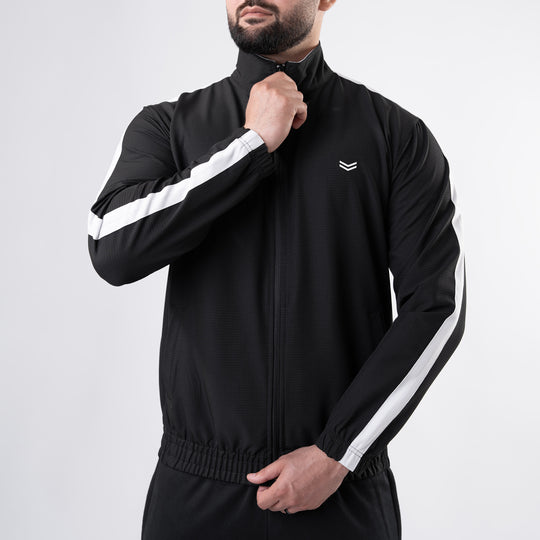 Black Woven Lycra Mock-Neck Jacket with White Panels