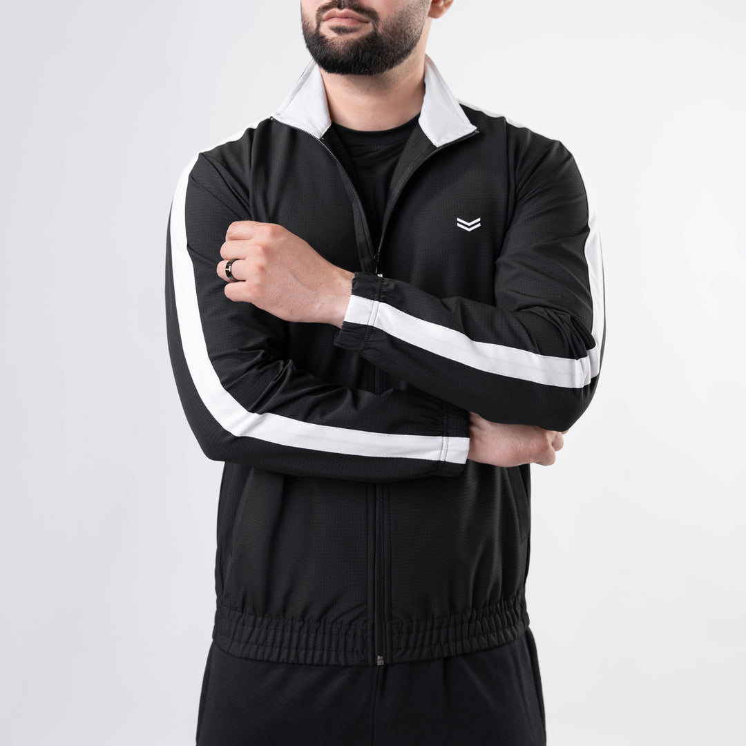 Black Woven Lycra Mock-Neck Jacket with White Panels