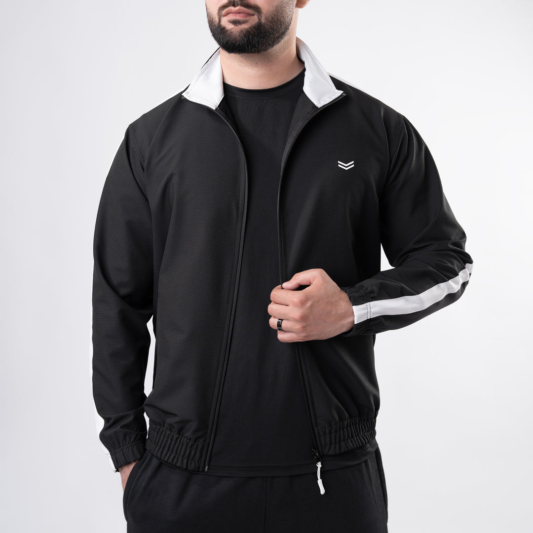 Black Woven Lycra Mock-Neck Jacket with White Panels