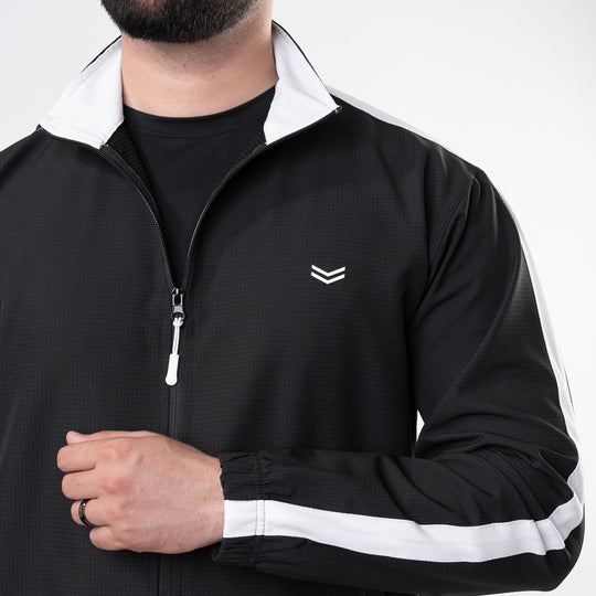 Black Woven Lycra Mock-Neck Jacket with White Panels