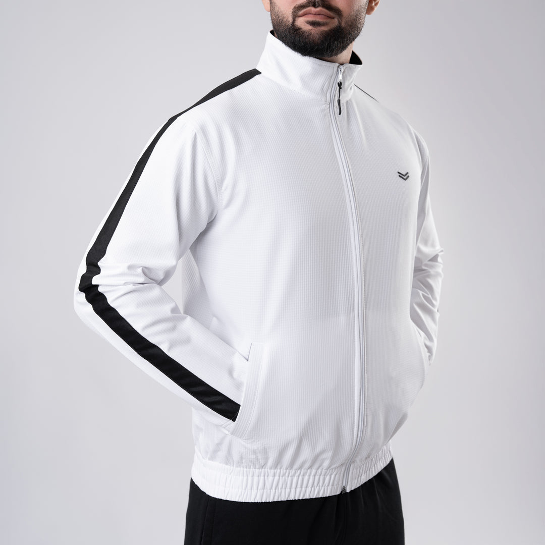 White Woven Lycra Mock-Neck Jacket with Black Panels
