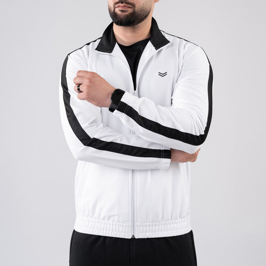 White Woven Lycra Mock-Neck Jacket with Black Panels